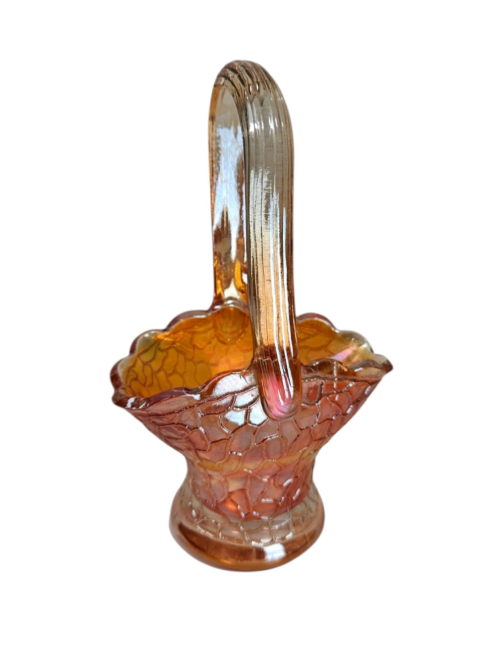 Antique Marigold Carnival Glass Basket Honeycomb Pattern Handled Bowl